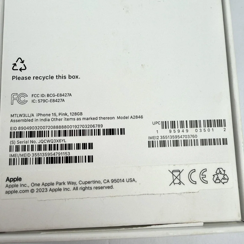 Apple IPhone 15 Box Only Pink 128GB Empty OEM Retail Packaging MTLW3LL/A‎ A2846